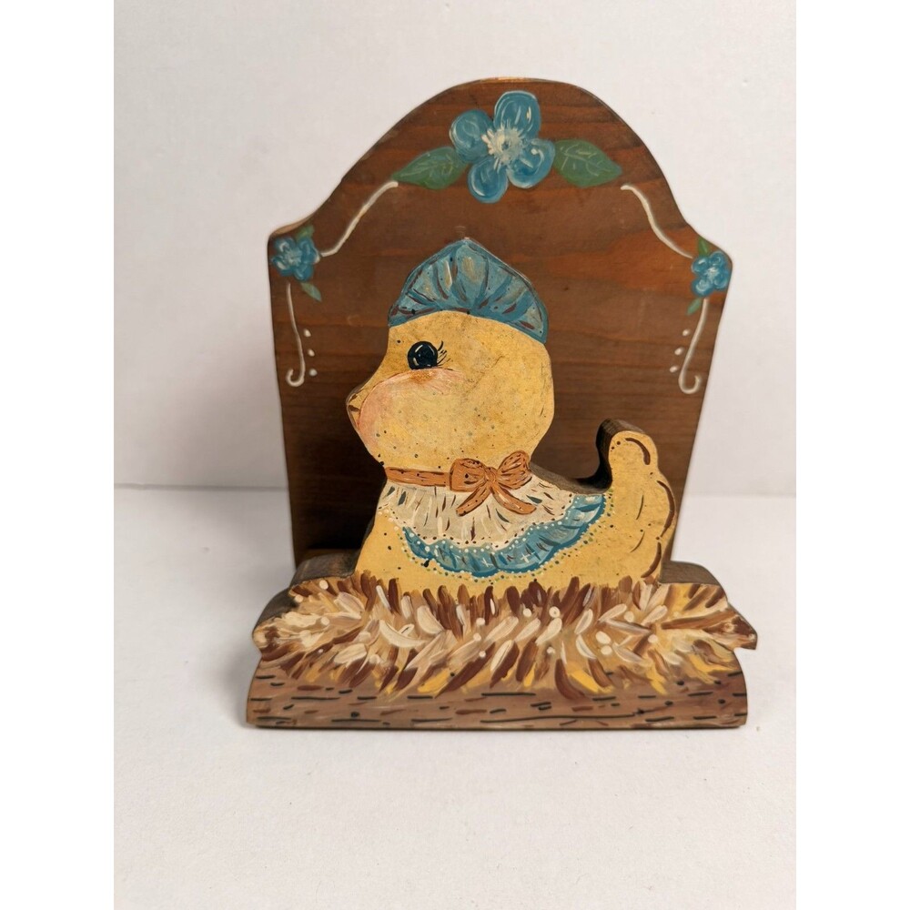 Vintage 80s Country Wooden Duck Napkin Holder Desk Mail Caddy Folk Art Bonnet 7"